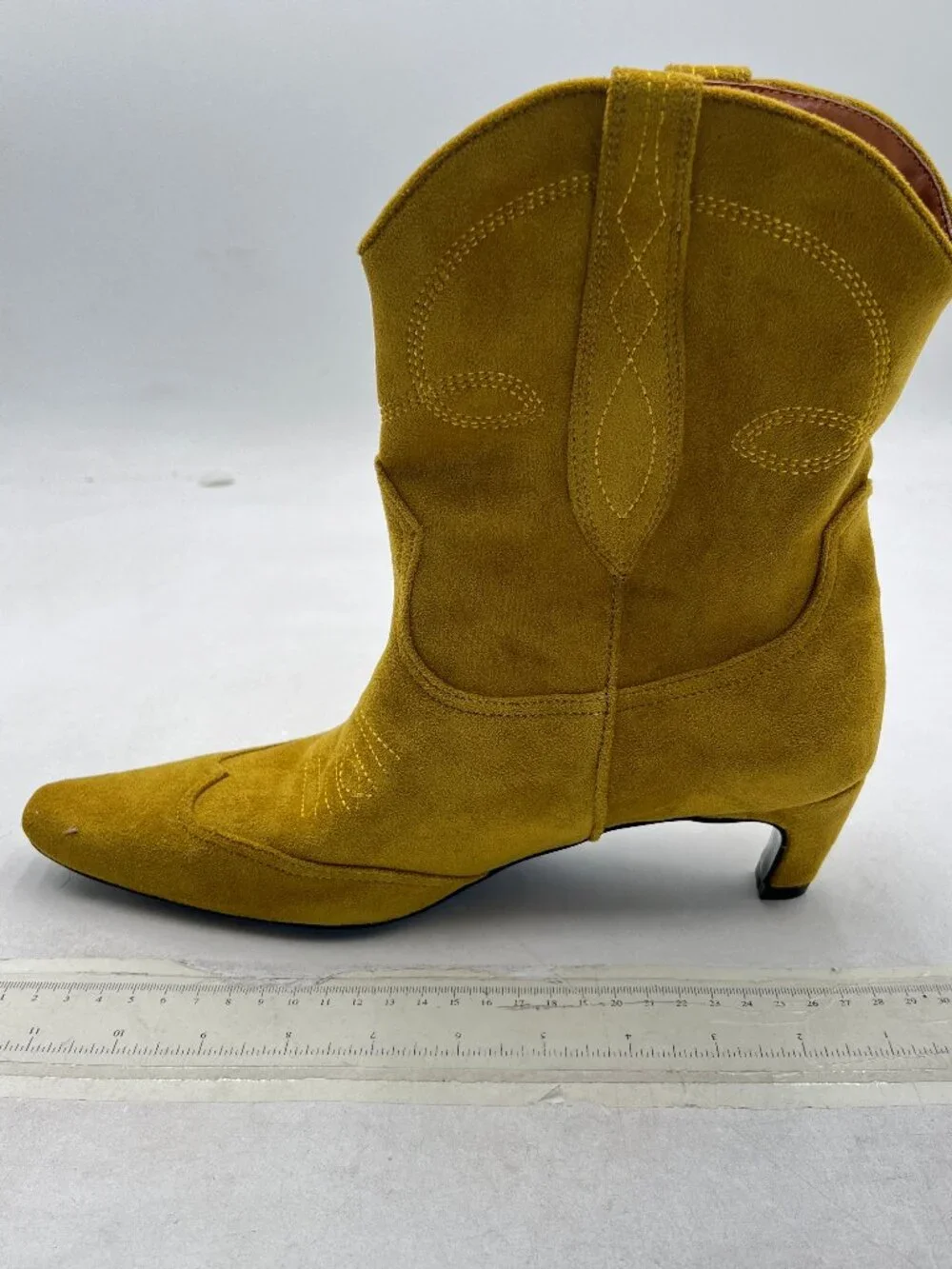 FSJ Goldenrod Suede Square Toe Comfort Kitten Low Heel Ankle Boot Pull On Boot